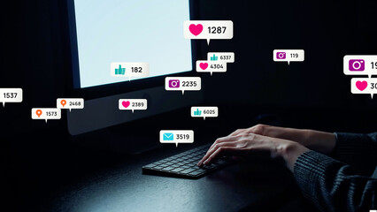 A woman using computer in office and social media concept.