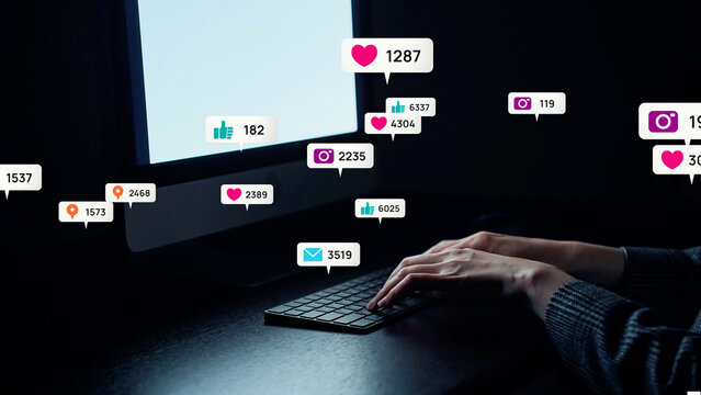 A woman using computer in office and social media concept.