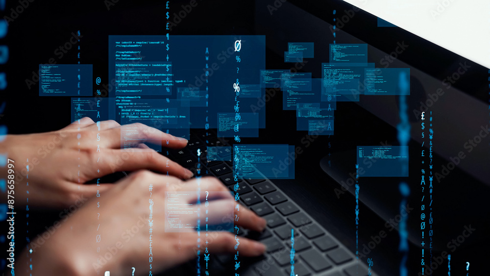 Wall mural people using computer in office and digital technology concept. cyber ​​security.