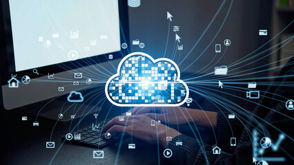 Cloud computing concept with engineer using computer in office.