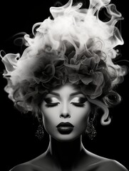 black and white photo of a woman with smoke coming out of her hair