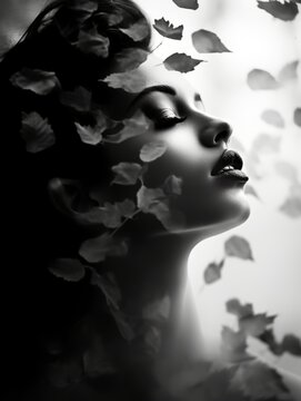 black and white photo of a woman with leaves falling on her face