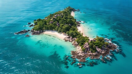 Fototapeta premium Beautiful nature landscape. Aerial view of tropical rocky island, turquoise water and white sand beach 