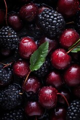 blackberries and cherries in water with drops of water