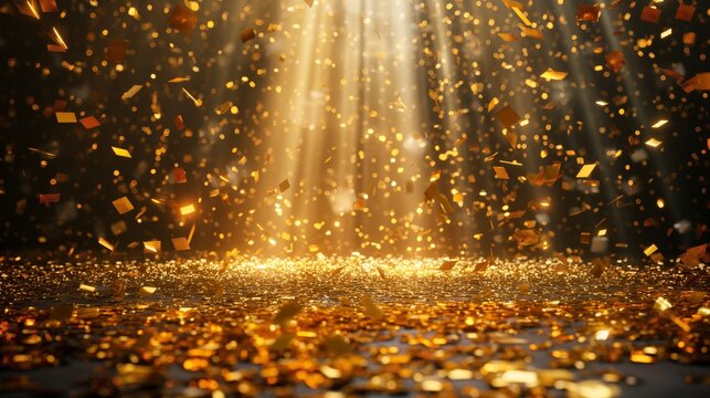 Podium product stage with spotlight and golden glit and fog.