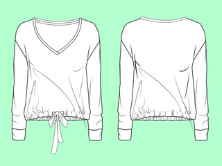ladies nightwear V neck crop sweatshirt flat sketch vector.