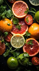Naklejka premium citrus fruits and vegetables on a black background stock photo