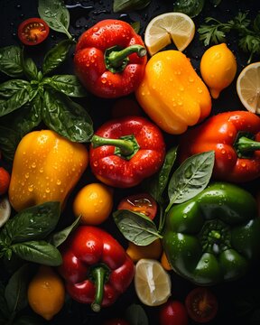 colorful peppers and lemons on a black background stock photo
