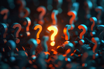A large exclamation mark in the center of an array of question marks