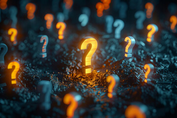 A large exclamation mark in the center of an array of question marks
