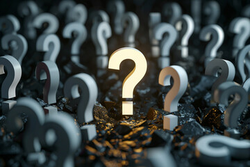 A large exclamation mark in the center of an array of question marks