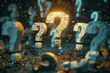 A large exclamation mark in the center of an array of question marks