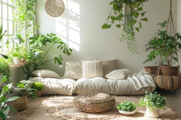 A tranquil indoor plant arrangement featuring lush green houseplants in a variety of pots and planters