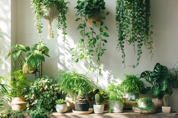 A tranquil indoor plant arrangement featuring lush green houseplants in a variety of pots and planters