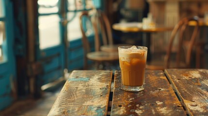 Creamy iced coffee on a rustic cafe table