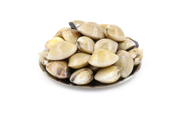 Closed up fresh baby clams, venus shell, shellfish, carpet clams, short necked clams, as raw food from the sea are the seafood ingredients. fresh clams isolated on white background.