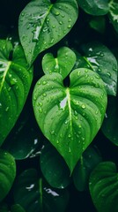 Fototapeta premium green leaves with water droplets in the shape of a heart