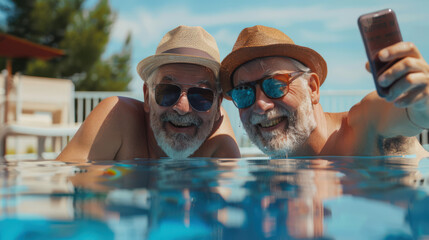 Two old gray-haired bearded men in hats and sunglasses take selfies in the pool. An elderly gay couple is having fun on vacation