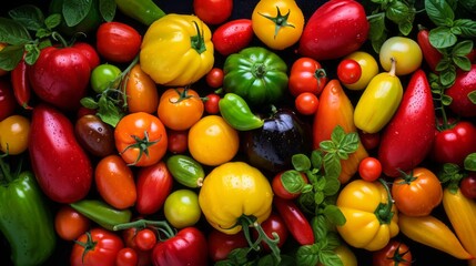 many different types of tomatoes and peppers on a black background