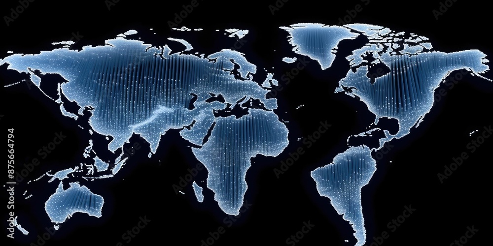 Poster glowing digital world map on a dark background with sparkling light points. global communication and
