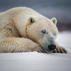 A polar bear in a freezing cold antarctica sleeping soundly or maybe on a hibernation - a picture of a wildlife