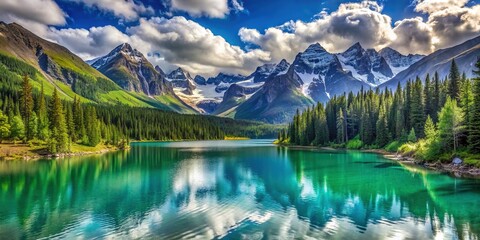 Serene majestic mountain landscape with lush green forests, sparkling turquoise lake, and snow-capped peaks under a vivid blue sky with wispy white clouds.