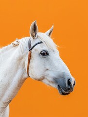 Obraz premium White horse in front of yellow background close-up shot