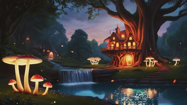 The breathtaking view of the bioluminescent mushroom-surrounded treehouse and the beauty of the waterfall, seamless looping 4k animation video background 