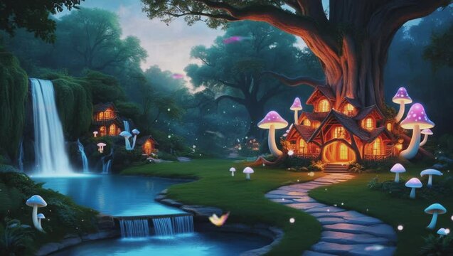 The breathtaking view of the bioluminescent mushroom-surrounded treehouse and the beauty of the waterfall, seamless looping 4k animation video background 