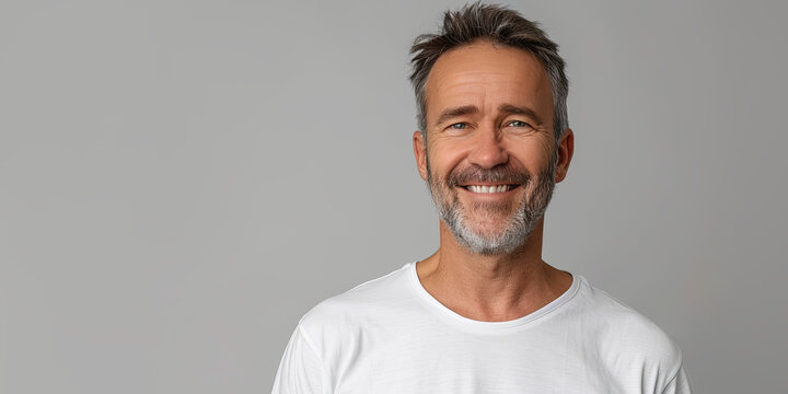 portrait of handsome middle aged man in white t-shirt smiling, generative AI
