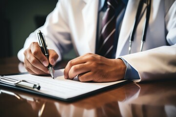 Physician prescribing medication in lively hospital setting for enhanced patient care