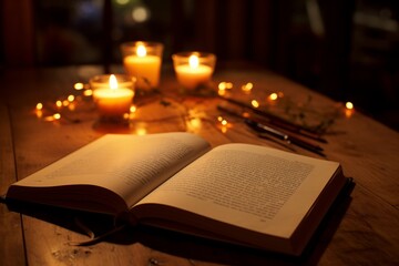 Neatly arranged desk with books, notebook, and pen in soft lighting for a serene workspace
