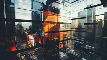 Vivid cityscape through high rise window of a modern metropolis with vibrant hues