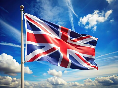 Vibrant Union Jack flag waving proudly in the wind, set against a bright blue sky, symbolizing national pride and unity of the United Kingdom.