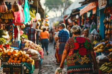 A Woman in a Vibrant Blouse Navigates a Bustling Market