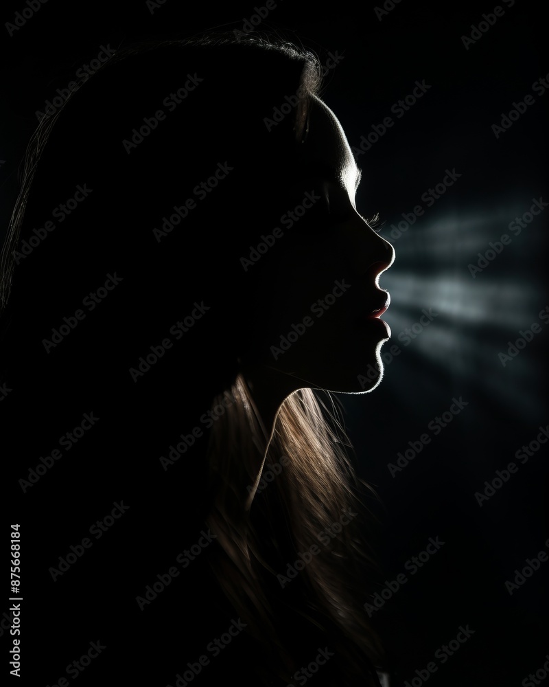 Canvas Prints silhouette of a beautiful woman in the dark with light coming from her mouth