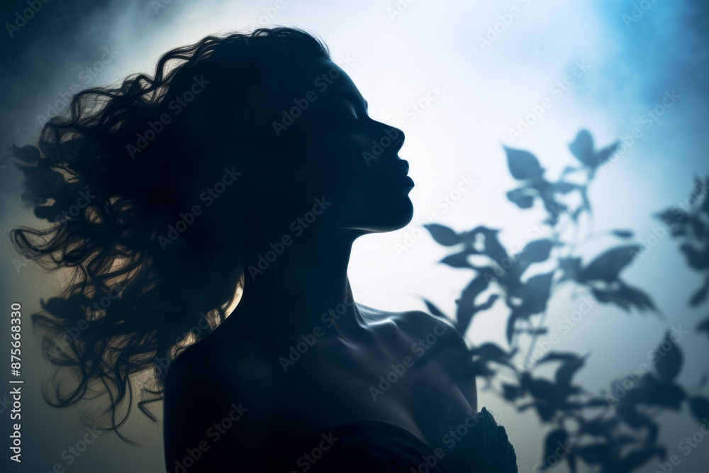 Poster silhouette of a beautiful woman with smoke in the background