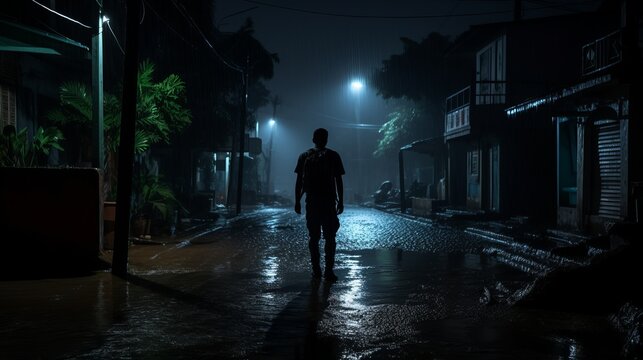 silhouette of a man walking down a dark street at night