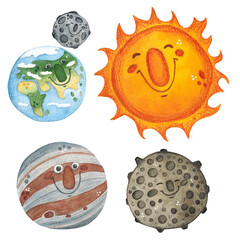 Watercolor set of cartoon characters, hand drawn, space theme, planets on a white background. Sun, Earth, Moon, Mercury, Jupiter