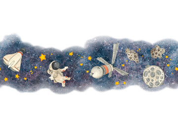 Satellite and astronaut flying in outer space among the stars, Moon seamless watercolor border with copy space. Hand drawn children's illustration isolated on white background for children's birthday © DemiLenka