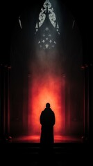 the silhouette of a man standing in front of a red light