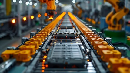  Mass production assembly line of electric vehicle battery cells close-up view 