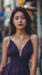Elegant Japanese Fashion Model Strolling Urban Streets in Opulent Haute Couture: A Portrait of Sophistication and Style.