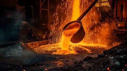 Molten metal pouring from crucible in foundry.