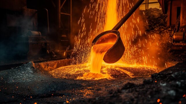 Molten metal pouring from crucible in foundry.