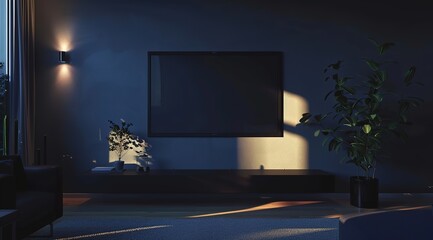 Minimalistic Dark Blue Living Room with Modern Wall-mounted TV and Elegant Design