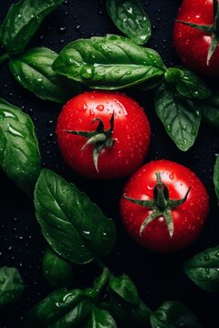 tomatoes with leaves on a black background