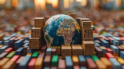 Global trade concept with miniature globe surrounded by cargo boxes and shipping containers, symbolizing international logistics and commerce.