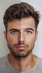 Obraz premium Portrait of a man with half face clean-shaven and half with a beard, showcasing a contrast in appearance and grooming styles.