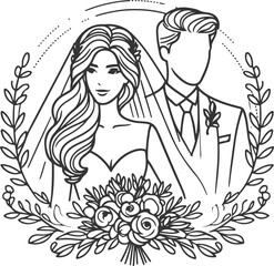 Continuous one line drawing of a wedding couple Vector illustration.
